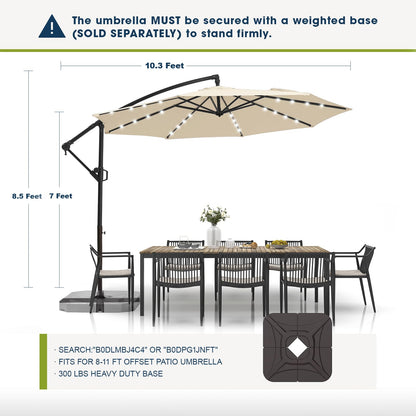 wikiwiki 10ft Solar LED Offset Hanging Market Cantilever Patio Umbrella for Backyard, Poolside, Lawn and Garden, Easy Tilt Adjustment, Polyester Shade & Cross Base, Beige - CookCave