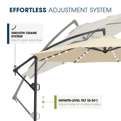 wikiwiki 10ft Solar LED Offset Hanging Market Cantilever Patio Umbrella for Backyard, Poolside, Lawn and Garden, Easy Tilt Adjustment, Polyester Shade & Cross Base, Beige - CookCave
