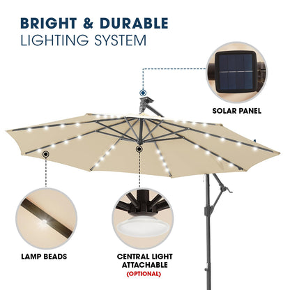 wikiwiki 10ft Solar LED Offset Hanging Market Cantilever Patio Umbrella for Backyard, Poolside, Lawn and Garden, Easy Tilt Adjustment, Polyester Shade & Cross Base, Beige - CookCave