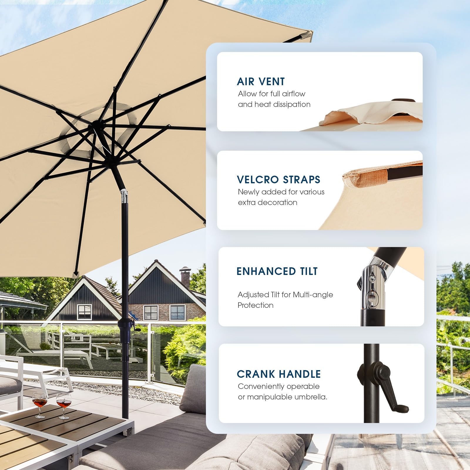 wikiwiki 9 FT Patio Umbrellas Outdoor Table Market Umbrella with Push Button Tilt/Crank, 8 Sturdy Ribs, Fade Resistant Waterproof POLYESTER DTY Canopy for Garden, Lawn, Backyard & Pool, Cream Beige - CookCave