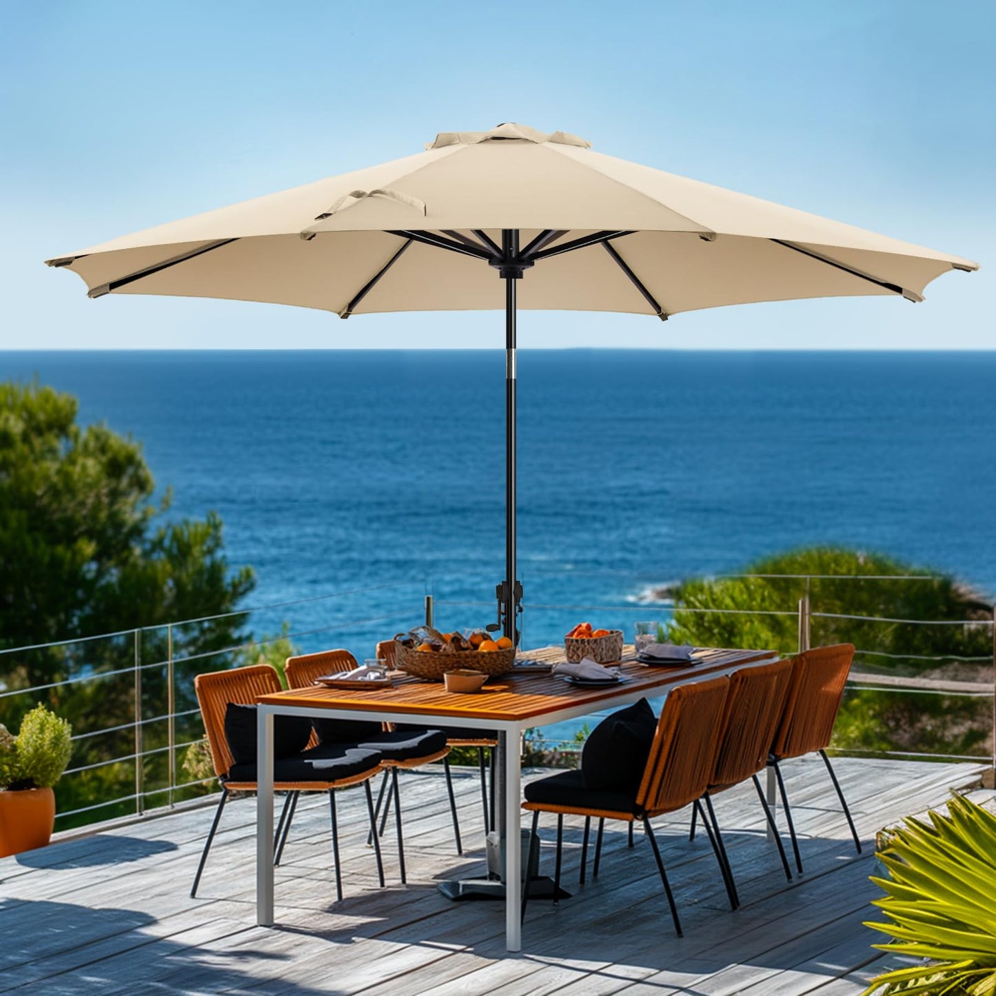 wikiwiki 9 FT Patio Umbrellas Outdoor Table Market Umbrella with Push Button Tilt/Crank, 8 Sturdy Ribs, Fade Resistant Waterproof POLYESTER DTY Canopy for Garden, Lawn, Backyard & Pool, Cream Beige - CookCave