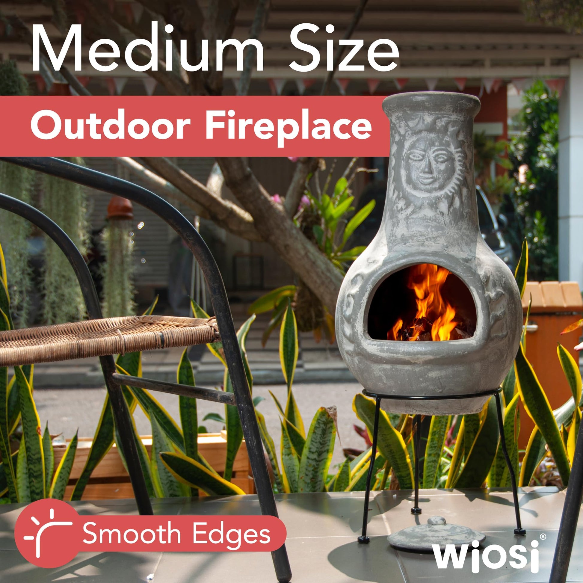 Wiosi Medium Chiminea Outdoor Fireplace Grey Clay Chimineas with Chimney Rain Lids and Solid Metal Stands - Grey Terracotta Chimenea - Rustic Fire Pit Chimnea 16 x 16 x 32-inch - CookCave