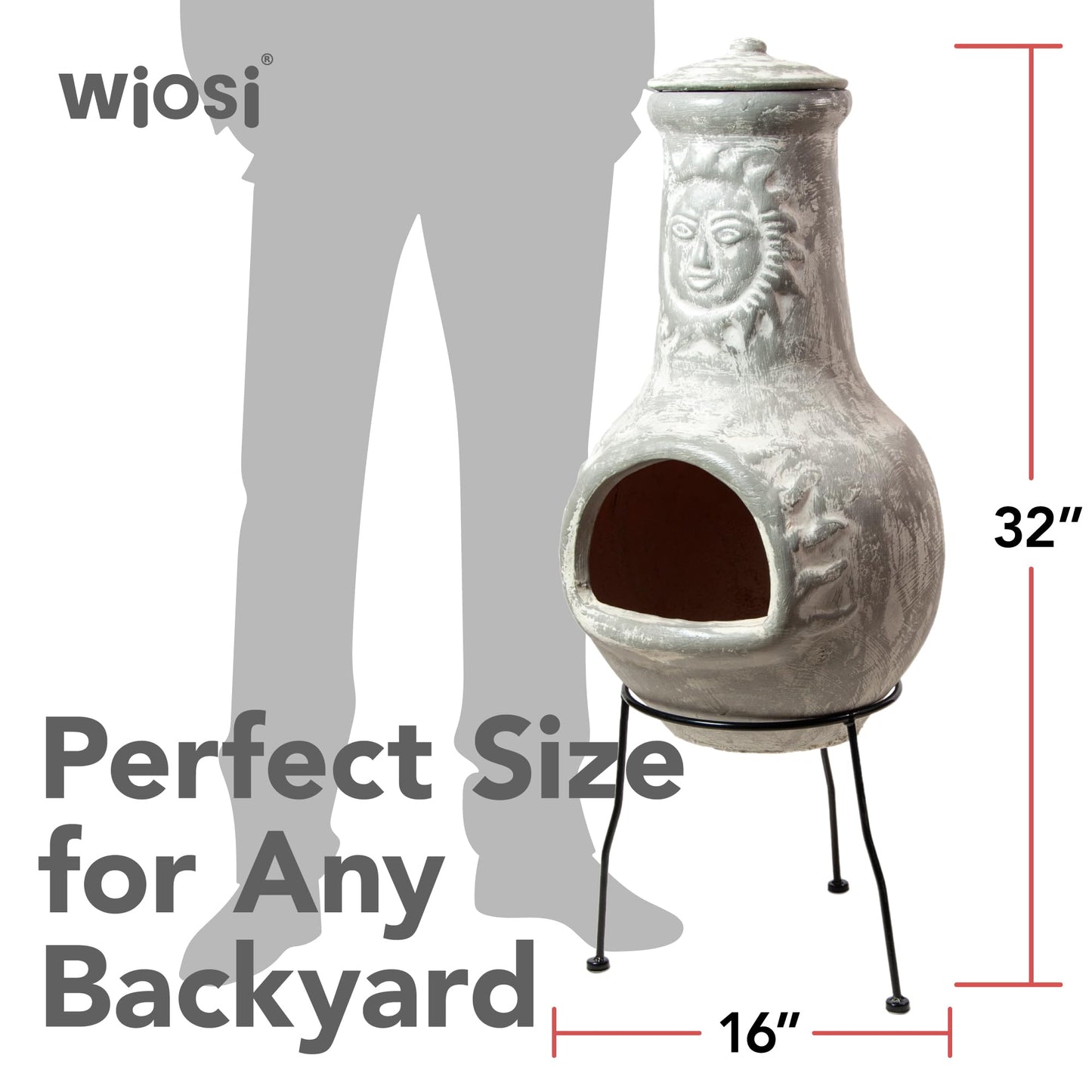 Wiosi Medium Chiminea Outdoor Fireplace Grey Clay Chimineas with Chimney Rain Lids and Solid Metal Stands - Grey Terracotta Chimenea - Rustic Fire Pit Chimnea 16 x 16 x 32-inch - CookCave