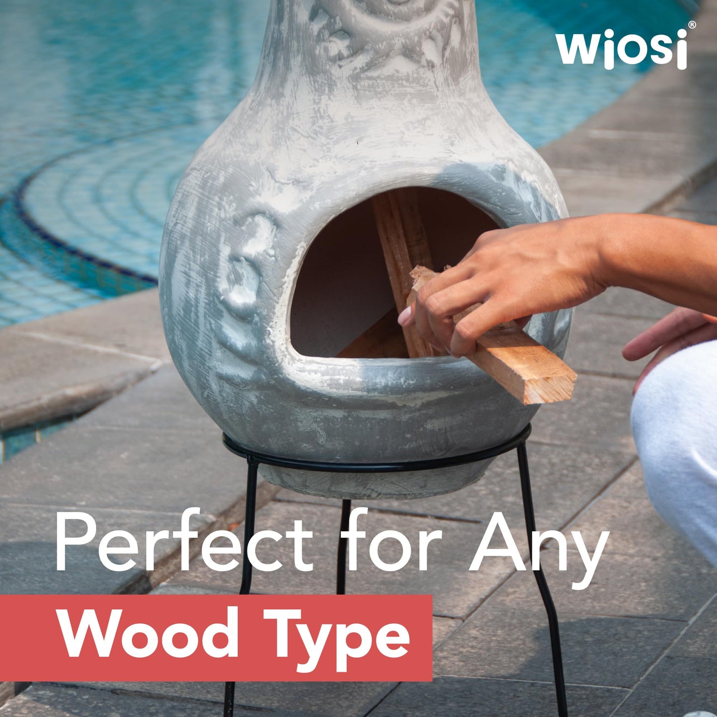 Wiosi Medium Chiminea Outdoor Fireplace Grey Clay Chimineas with Chimney Rain Lids and Solid Metal Stands - Grey Terracotta Chimenea - Rustic Fire Pit Chimnea 16 x 16 x 32-inch - CookCave