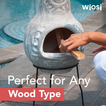 Wiosi Medium Chiminea Outdoor Fireplace Grey Clay Chimineas with Chimney Rain Lids and Solid Metal Stands - Grey Terracotta Chimenea - Rustic Fire Pit Chimnea 16 x 16 x 32-inch - CookCave