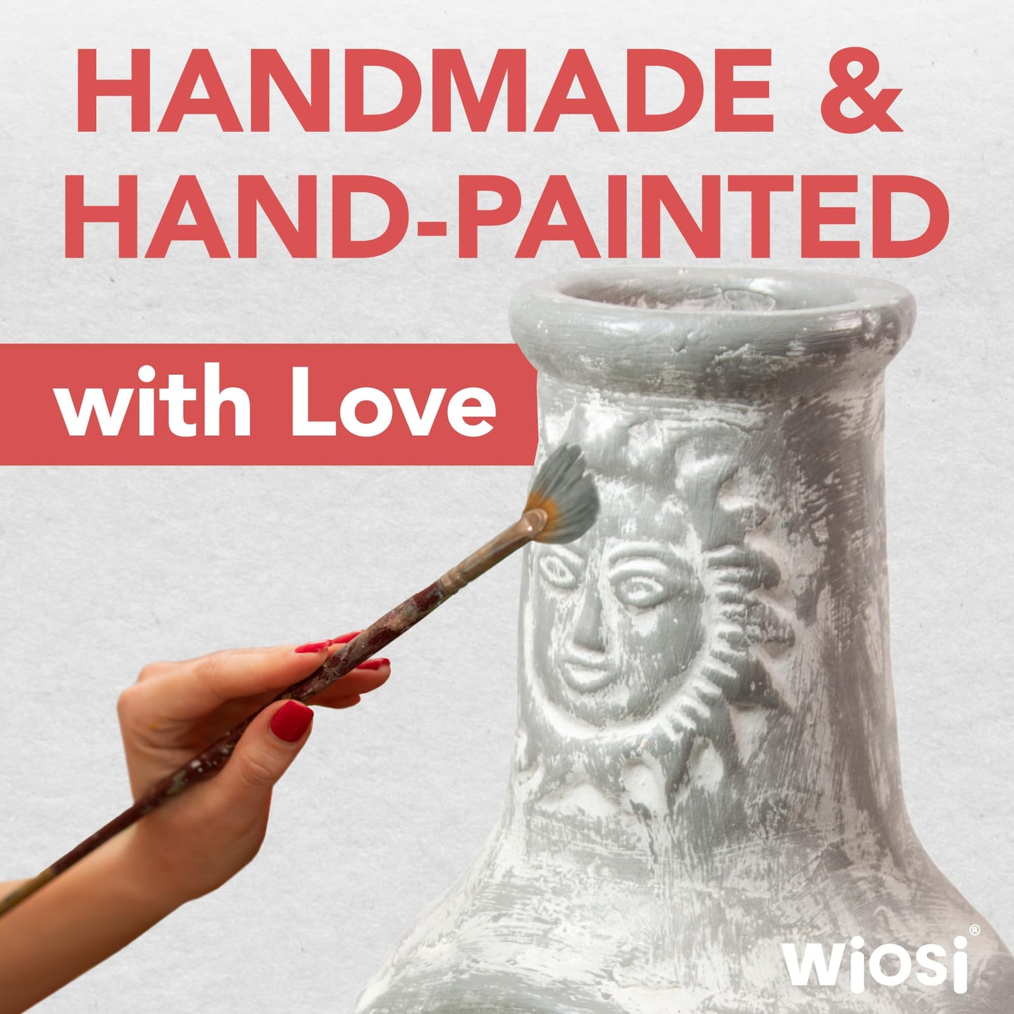 Wiosi Medium Chiminea Outdoor Fireplace Grey Clay Chimineas with Chimney Rain Lids and Solid Metal Stands - Grey Terracotta Chimenea - Rustic Fire Pit Chimnea 16 x 16 x 32-inch - CookCave