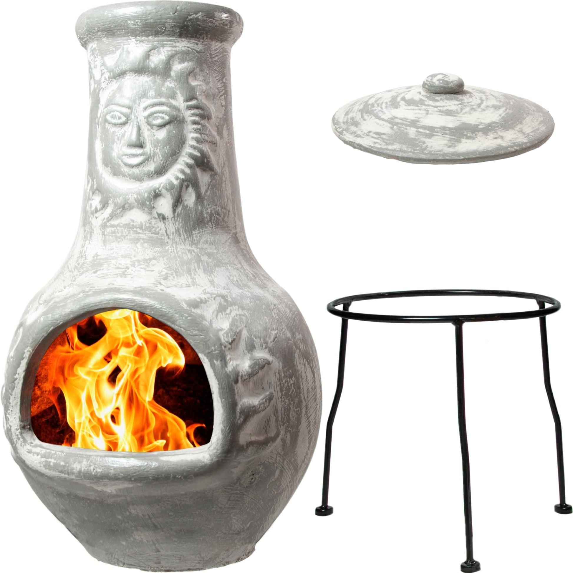 Wiosi Medium Chiminea Outdoor Fireplace Grey Clay Chimineas with Chimney Rain Lids and Solid Metal Stands - Grey Terracotta Chimenea - Rustic Fire Pit Chimnea 16 x 16 x 32-inch - CookCave
