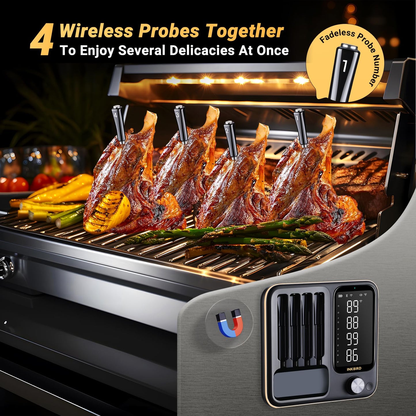 Wireless Meat Thermometer with 4 Probes, Inkbird Wifi BluetoothThermometer Digital Wireless for Rotisserie Grill Oven,Unlimited Range Dishwasher Waterproof Bluetooth Meat Thermometer for iOS & Android - CookCave