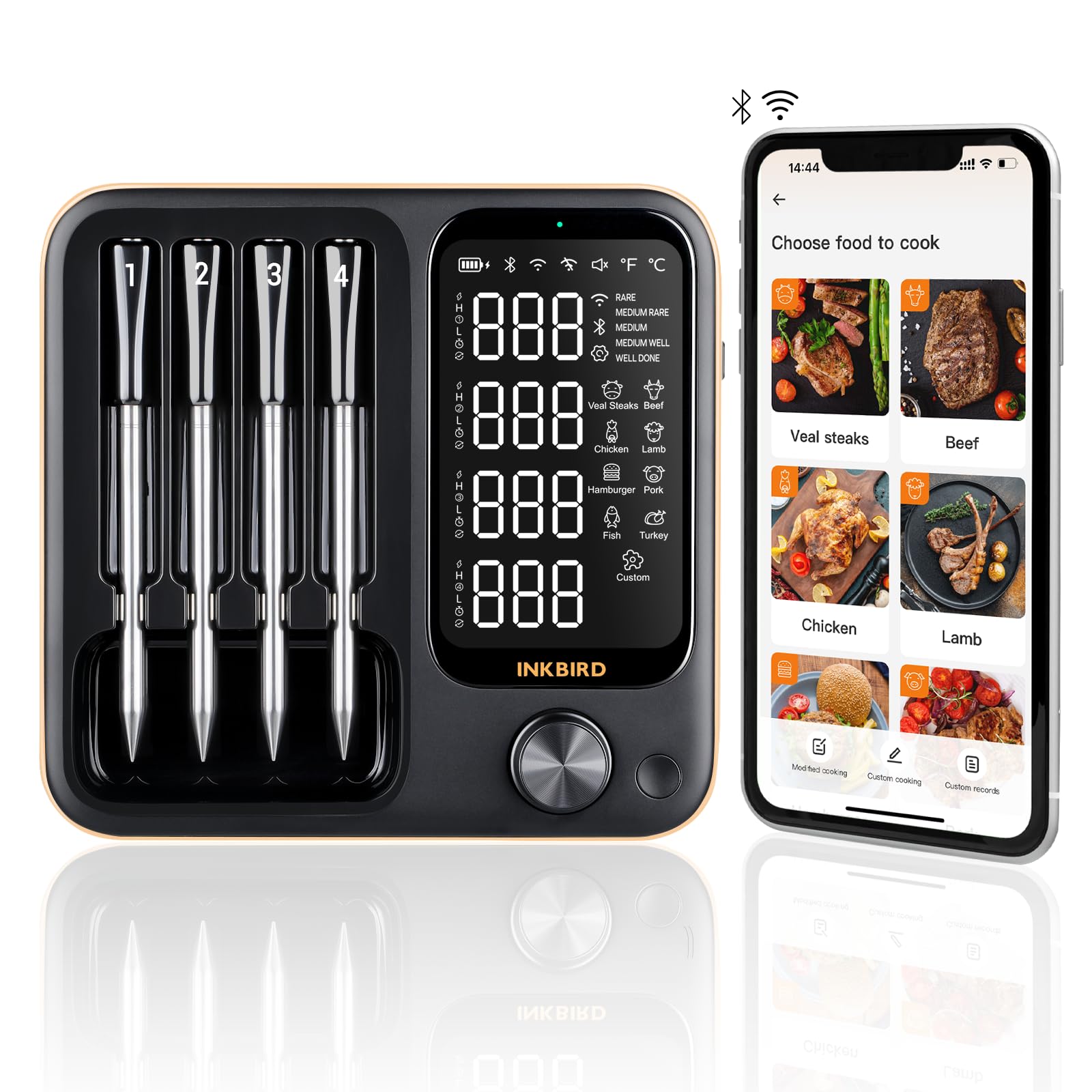 Wireless Meat Thermometer with 4 Probes, Inkbird Wifi BluetoothThermometer Digital Wireless for Rotisserie Grill Oven,Unlimited Range Dishwasher Waterproof Bluetooth Meat Thermometer for iOS & Android - CookCave