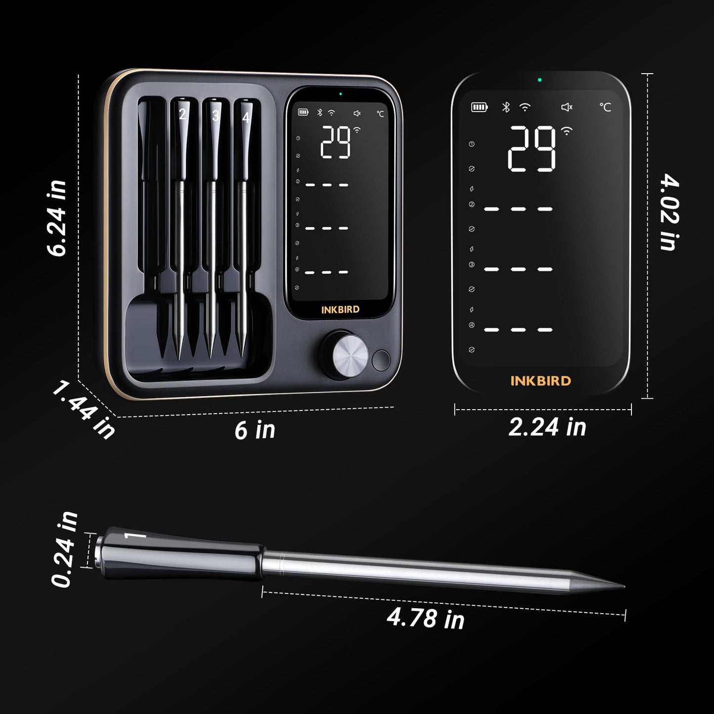 Wireless Meat Thermometer with 4 Probes, Inkbird Wifi BluetoothThermometer Digital Wireless for Rotisserie Grill Oven,Unlimited Range Dishwasher Waterproof Bluetooth Meat Thermometer for iOS & Android - CookCave