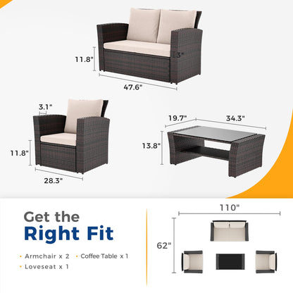 Wisteria Lane 4 Piece Outdoor Patio Furniture Sets, Wicker Conversation Set for Porch Deck, Brown Rattan Sofa Chair with Cushion - CookCave