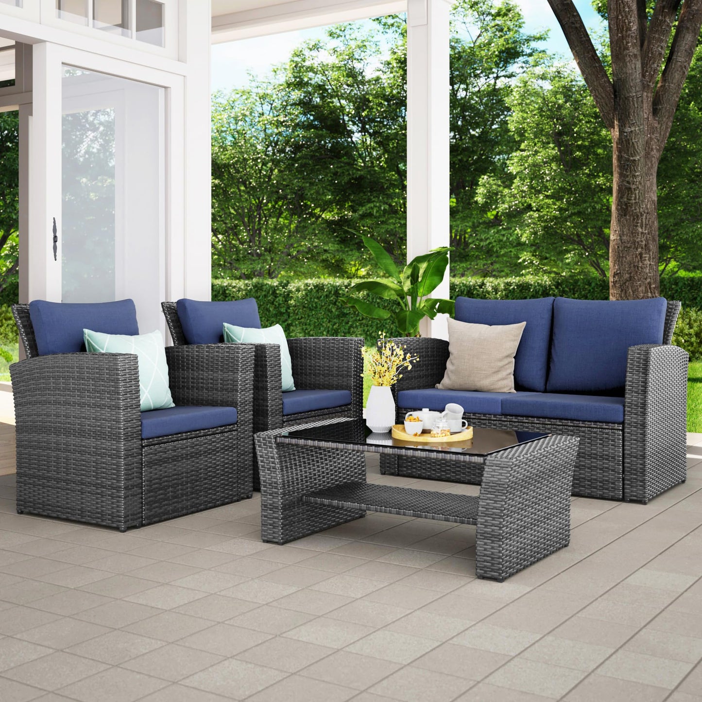 Wisteria Lane 4 Piece Outdoor Patio Furniture Sets, Wicker Conversation Set for Porch Deck, Grey Rattan Sofa Chair with Cushion （Blue - CookCave