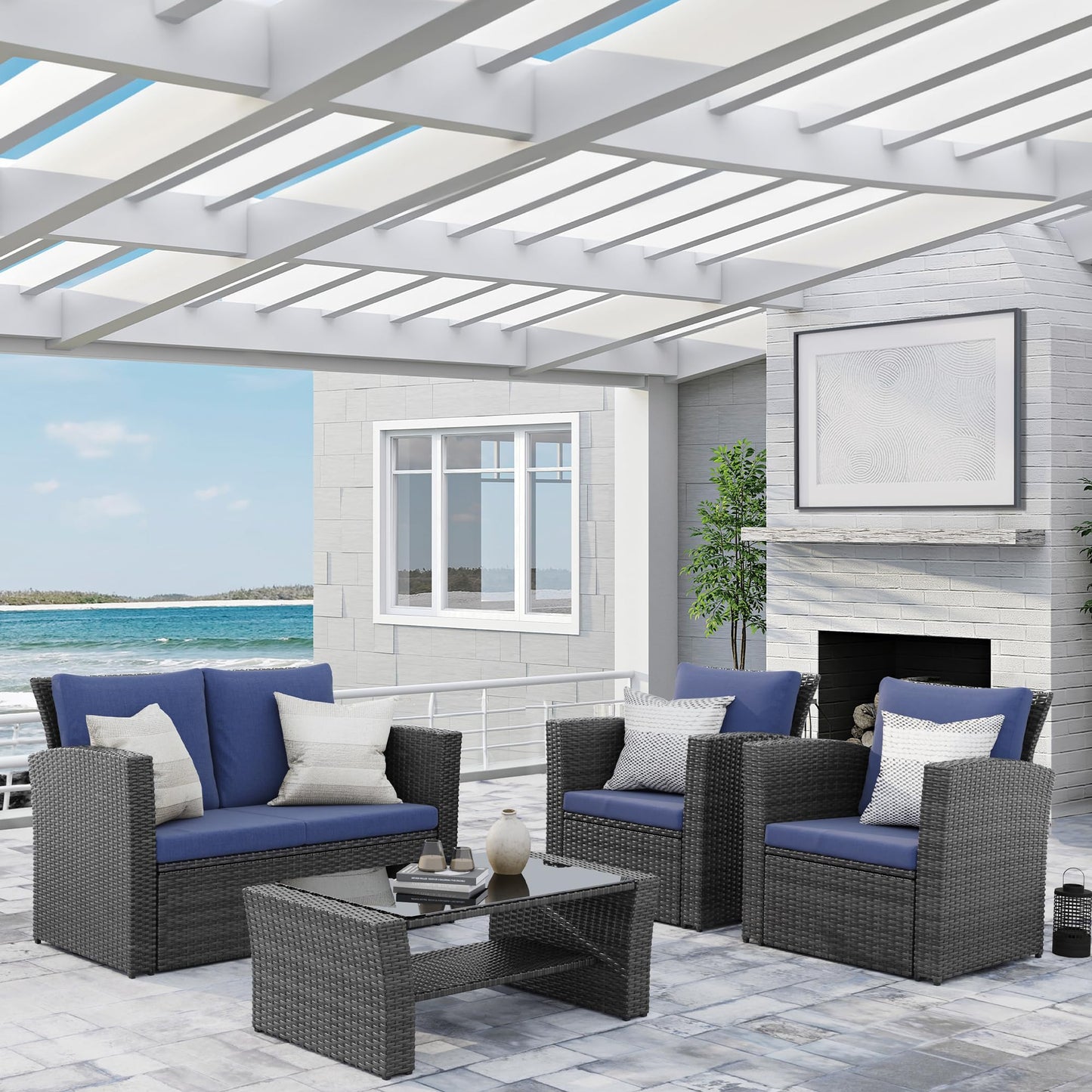 Wisteria Lane 4 Piece Outdoor Patio Furniture Sets, Wicker Conversation Set for Porch Deck, Grey Rattan Sofa Chair with Cushion （Blue - CookCave