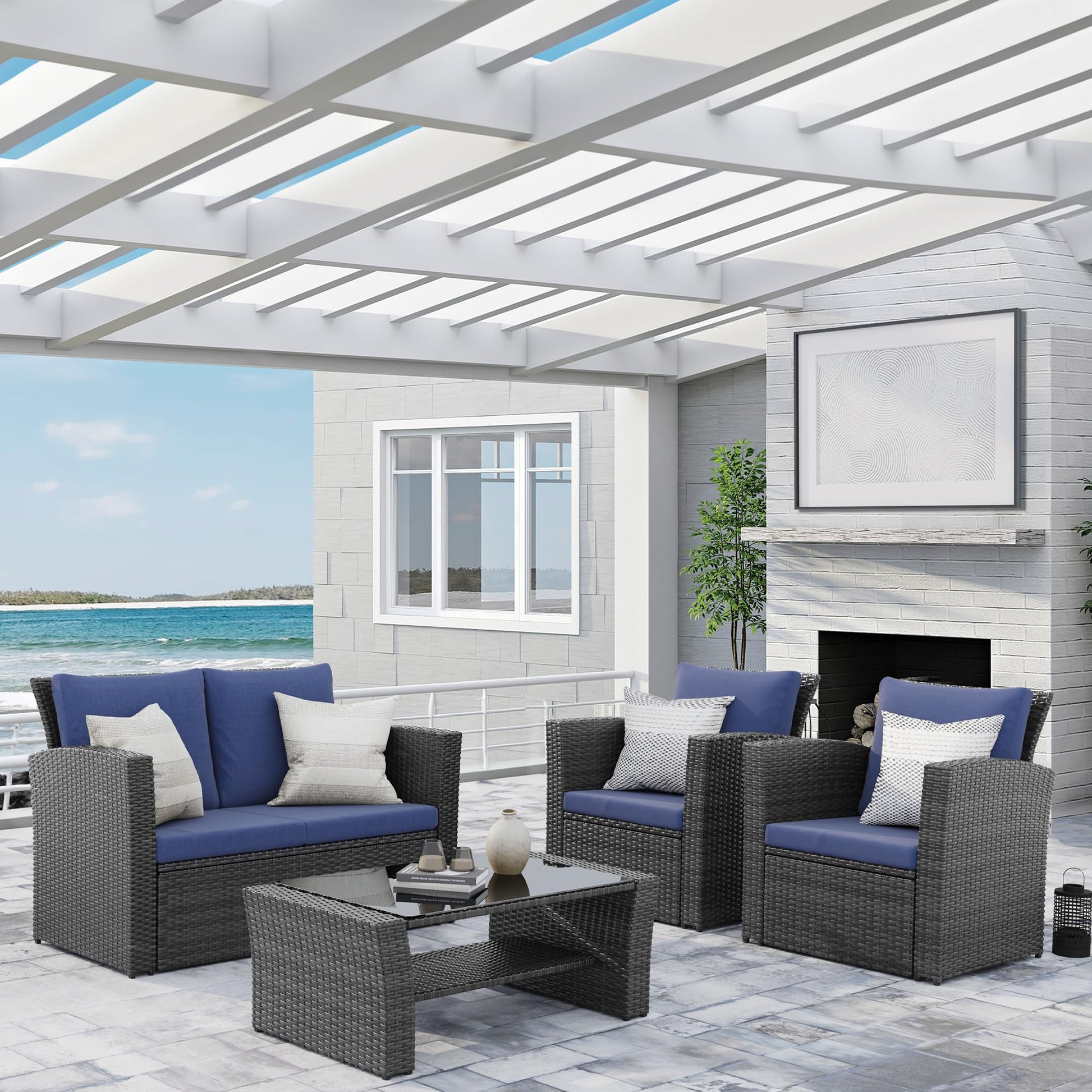 Wisteria Lane 4 Piece Outdoor Patio Furniture Sets, Wicker Conversation Set for Porch Deck, Grey Rattan Sofa Chair with Cushion （Blue - CookCave