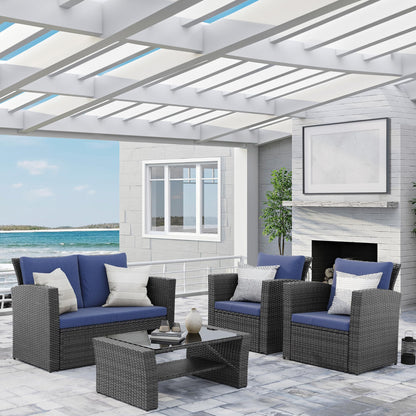 Wisteria Lane 4 Piece Outdoor Patio Furniture Sets, Wicker Conversation Set for Porch Deck, Grey Rattan Sofa Chair with Cushion （Blue - CookCave