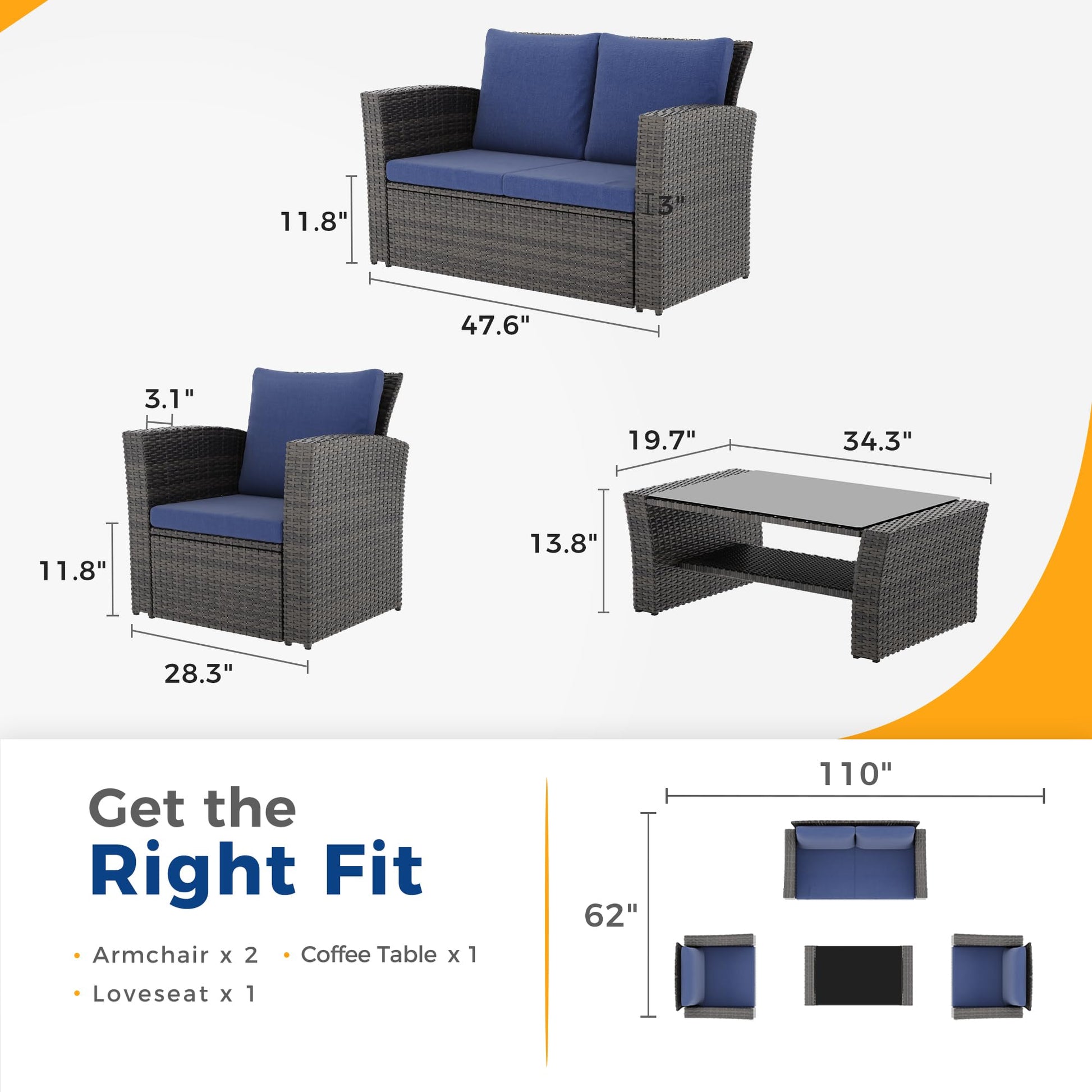 Wisteria Lane 4 Piece Outdoor Patio Furniture Sets, Wicker Conversation Set for Porch Deck, Grey Rattan Sofa Chair with Cushion （Blue - CookCave