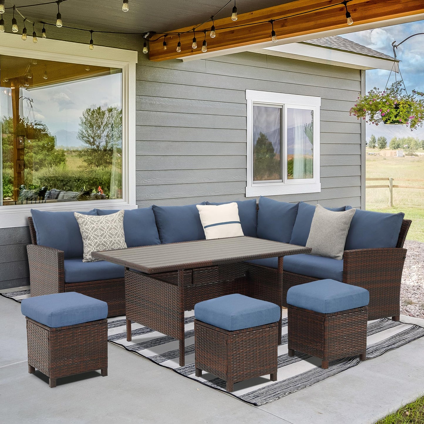 Wisteria Lane 7 Pieces Patio Furniture Set Outdoor Furniture Sectional, High Back Outdoor Patio Dining Table Set, Wicker Patio Conversation Set with Cushions for Balcony Lawn and Garden, Blue - CookCave