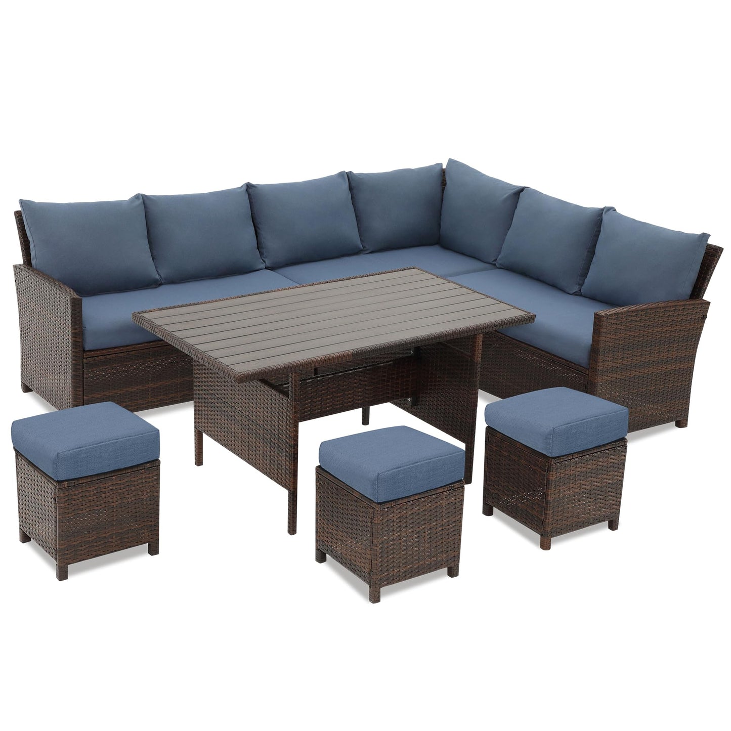 Wisteria Lane 7 Pieces Patio Furniture Set Outdoor Furniture Sectional, High Back Outdoor Patio Dining Table Set, Wicker Patio Conversation Set with Cushions for Balcony Lawn and Garden, Blue - CookCave