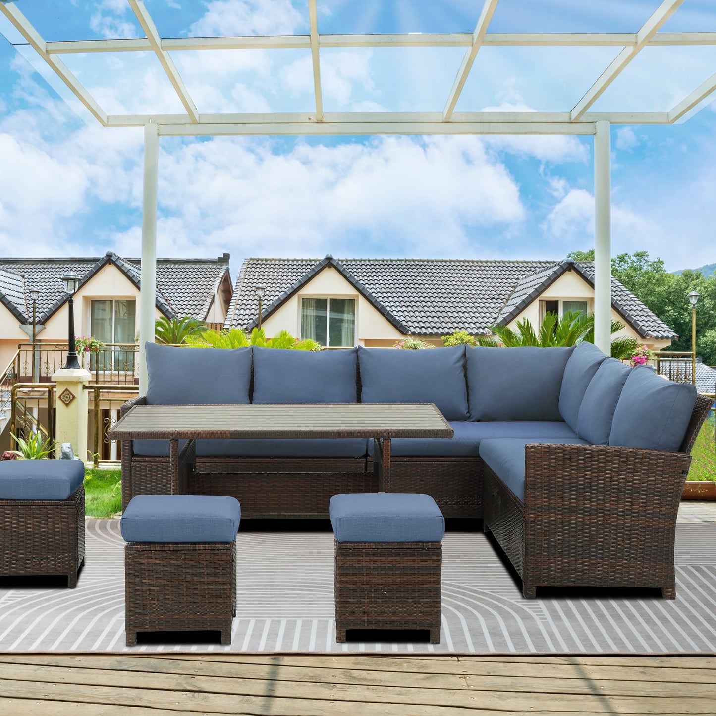 Wisteria Lane 7 Pieces Patio Furniture Set Outdoor Furniture Sectional, High Back Outdoor Patio Dining Table Set, Wicker Patio Conversation Set with Cushions for Balcony Lawn and Garden, Blue - CookCave