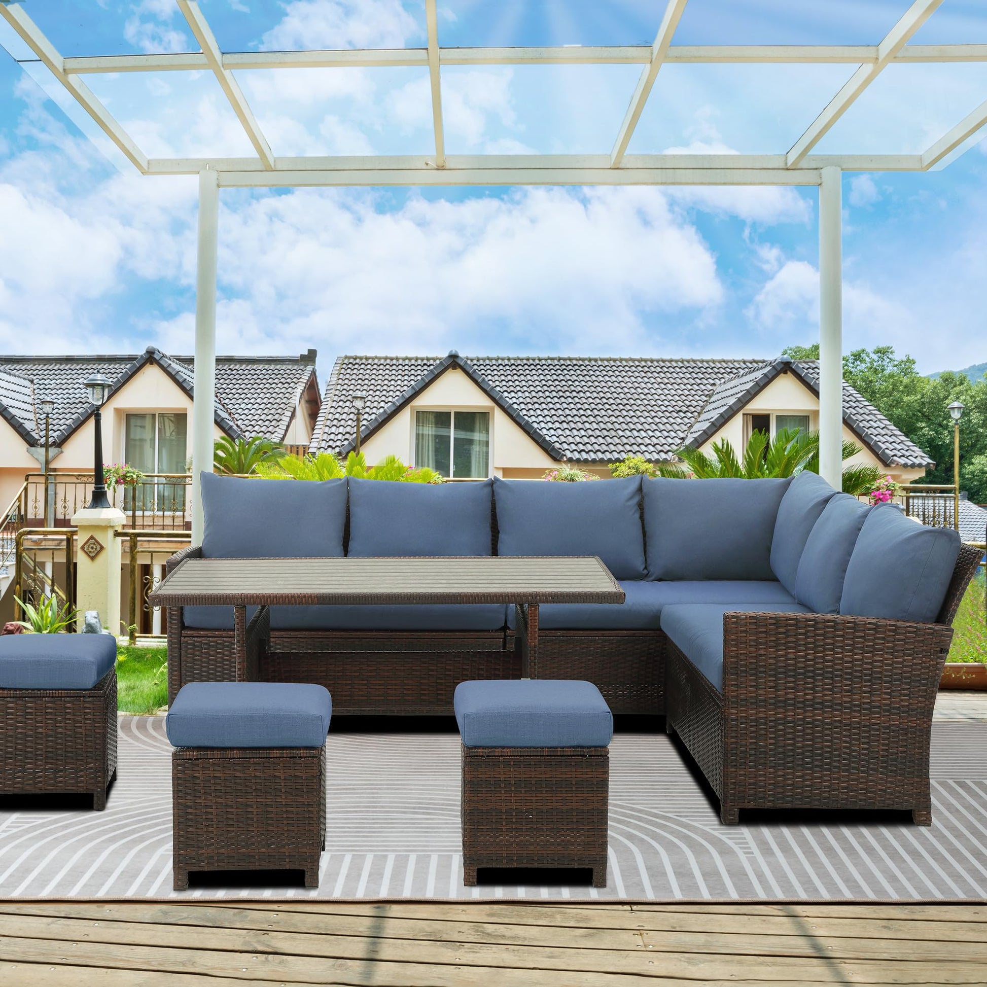 Wisteria Lane 7 Pieces Patio Furniture Set Outdoor Furniture Sectional, High Back Outdoor Patio Dining Table Set, Wicker Patio Conversation Set with Cushions for Balcony Lawn and Garden, Blue - CookCave