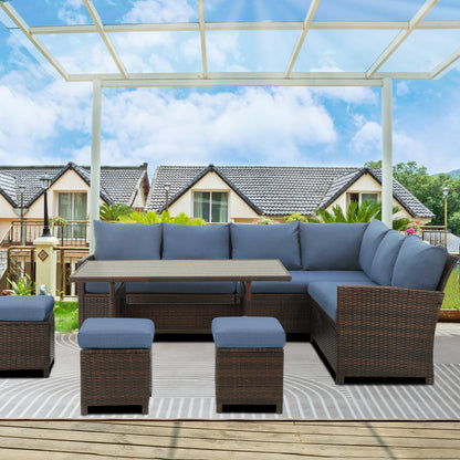 Wisteria Lane 7 Pieces Patio Furniture Set Outdoor Furniture Sectional, High Back Outdoor Patio Dining Table Set, Wicker Patio Conversation Set with Cushions for Balcony Lawn and Garden, Blue - CookCave