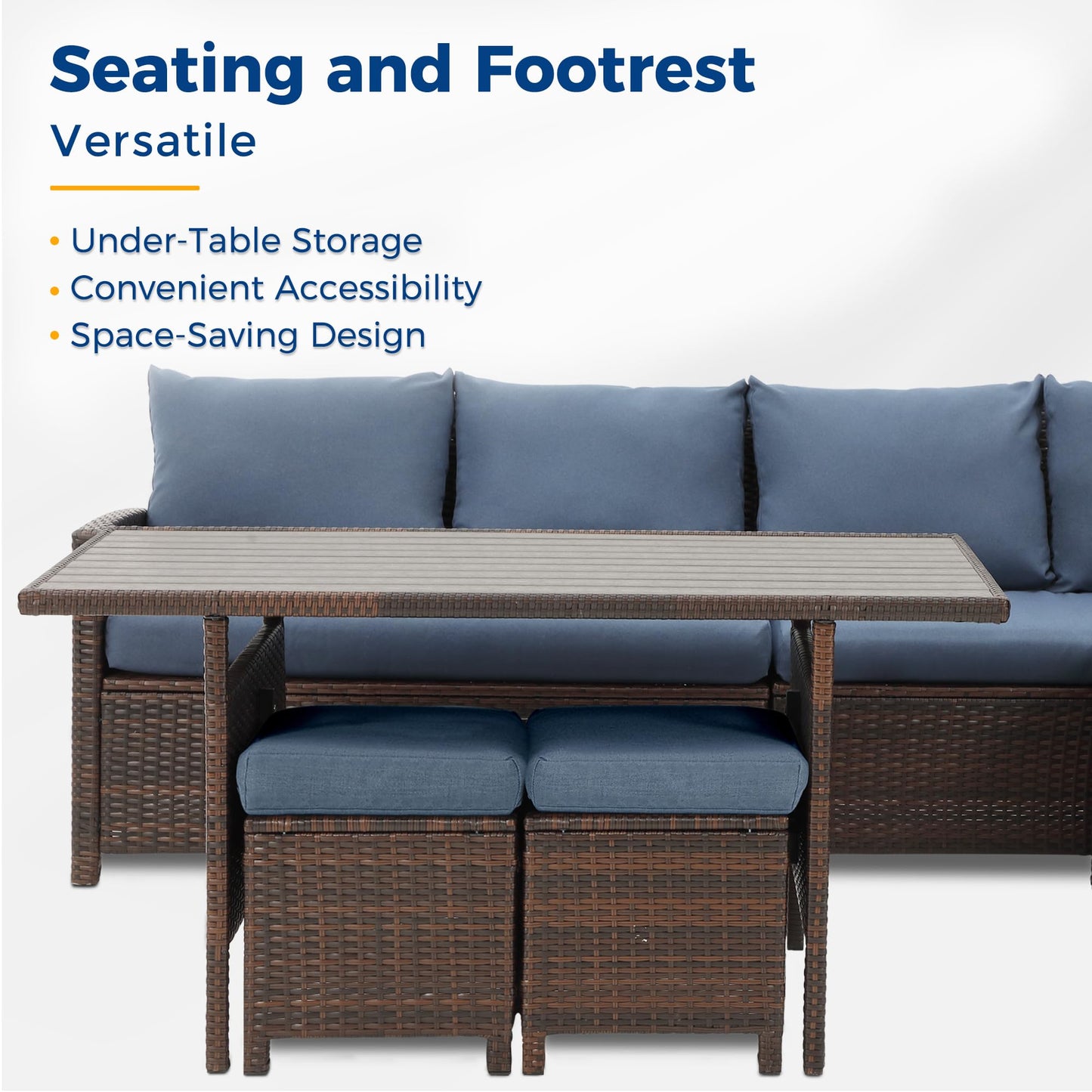 Wisteria Lane Outdoor Patio Furniture Set, 7 Piece Outdoor Dining Sectional Sofa with Dining Table and Chair, All Weather Wicker Conversation Set with Ottoman,Blue - CookCave