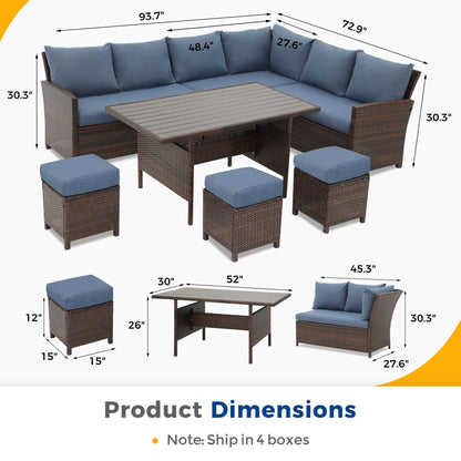 Wisteria Lane Outdoor Patio Furniture Set, 7 Piece Outdoor Dining Sectional Sofa with Dining Table and Chair, All Weather Wicker Conversation Set with Ottoman,Blue - CookCave