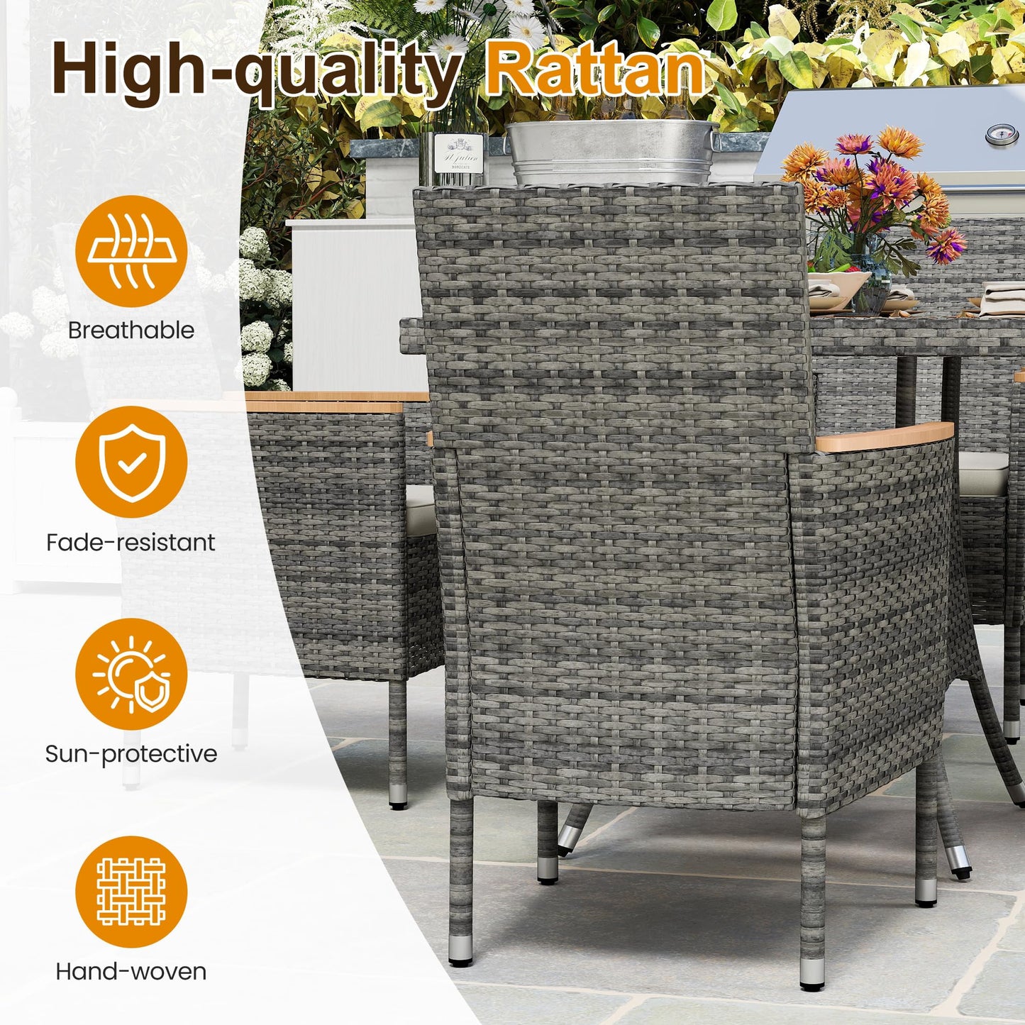 Wisteria Lane Patio Dining Sets for 4, All Weather Rattan Outdoor Table and Chairs with Acacia Wood Tabletop, Patio Dining Furniture with Removable Cushions for Deck Garden, Backyard, Gray - CookCave