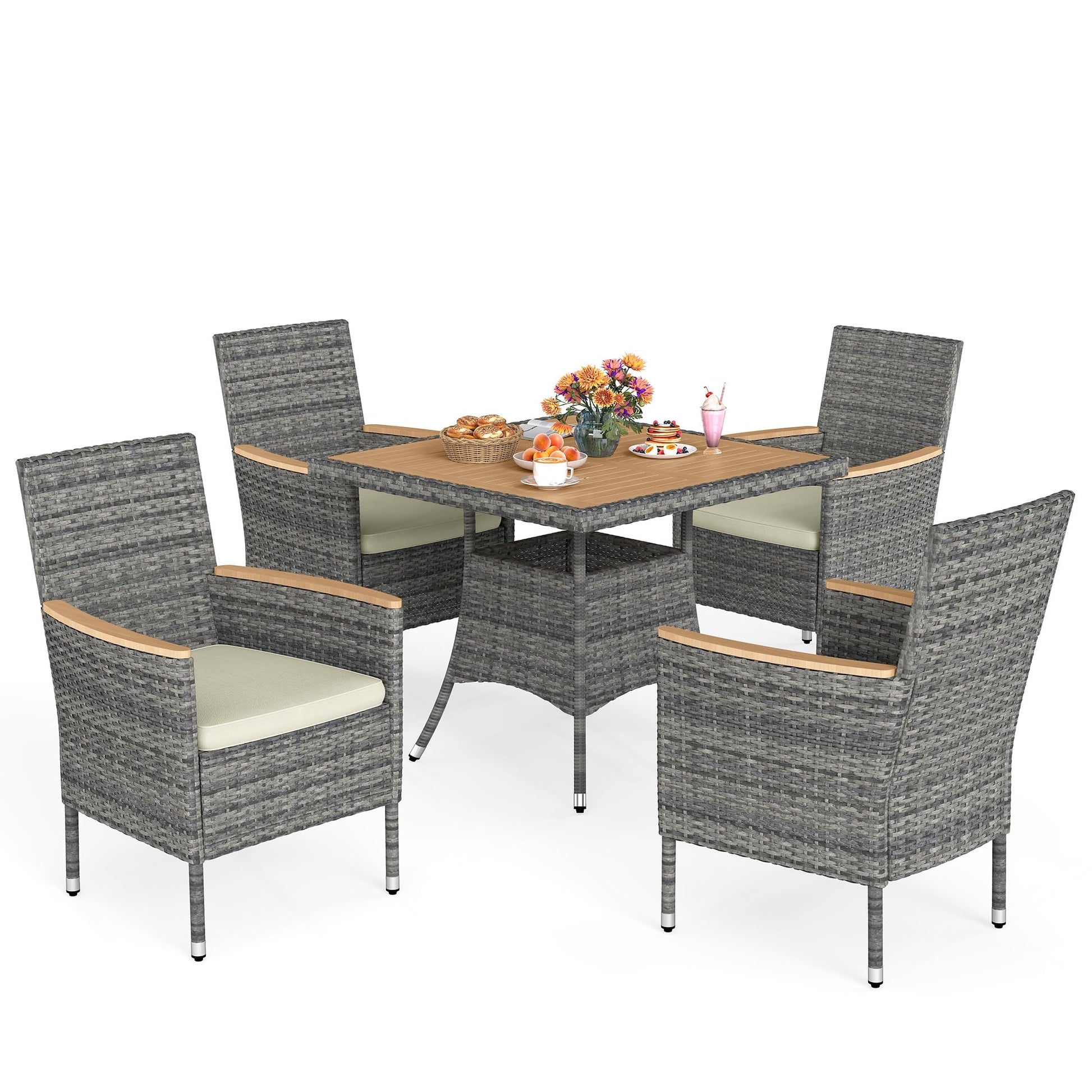 Wisteria Lane Patio Dining Sets for 4, All Weather Rattan Outdoor Table and Chairs with Acacia Wood Tabletop, Patio Dining Furniture with Removable Cushions for Deck Garden, Backyard, Gray - CookCave