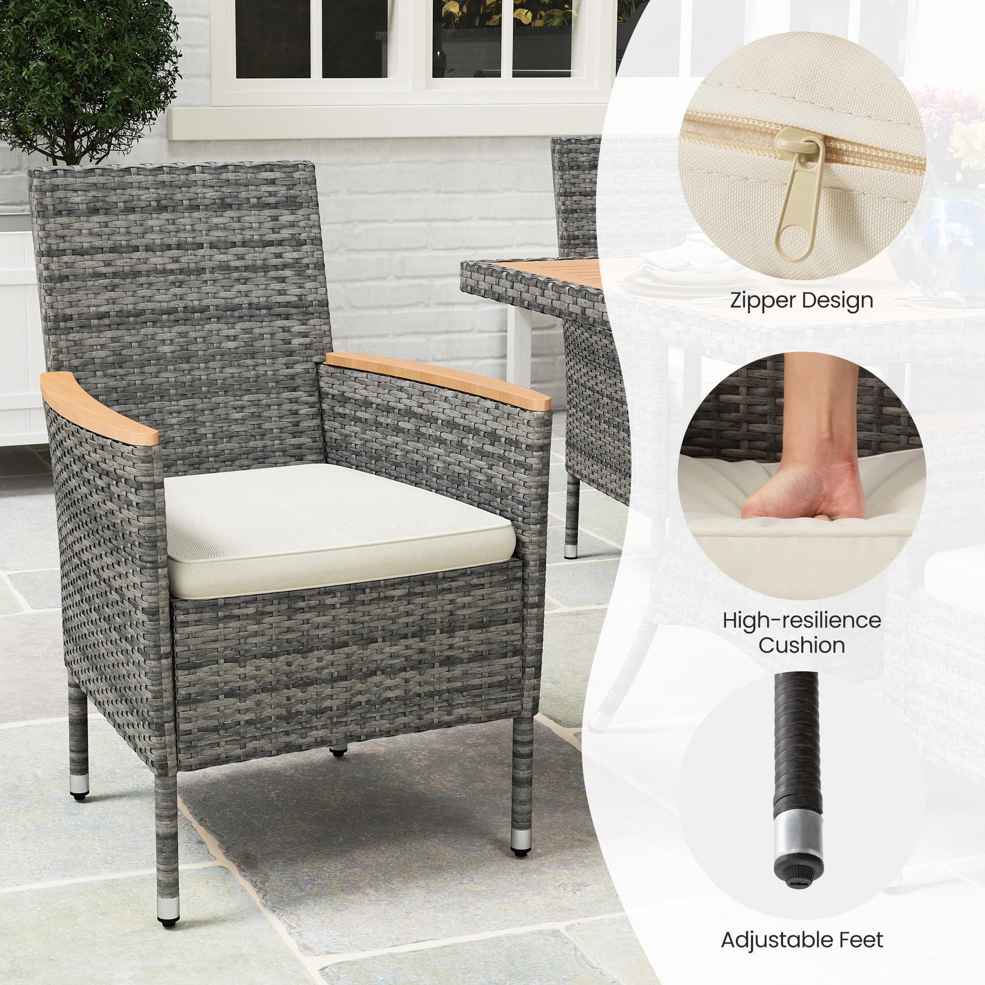 Wisteria Lane Patio Dining Sets for 4, All Weather Rattan Outdoor Table and Chairs with Acacia Wood Tabletop, Patio Dining Furniture with Removable Cushions for Deck Garden, Backyard, Gray - CookCave