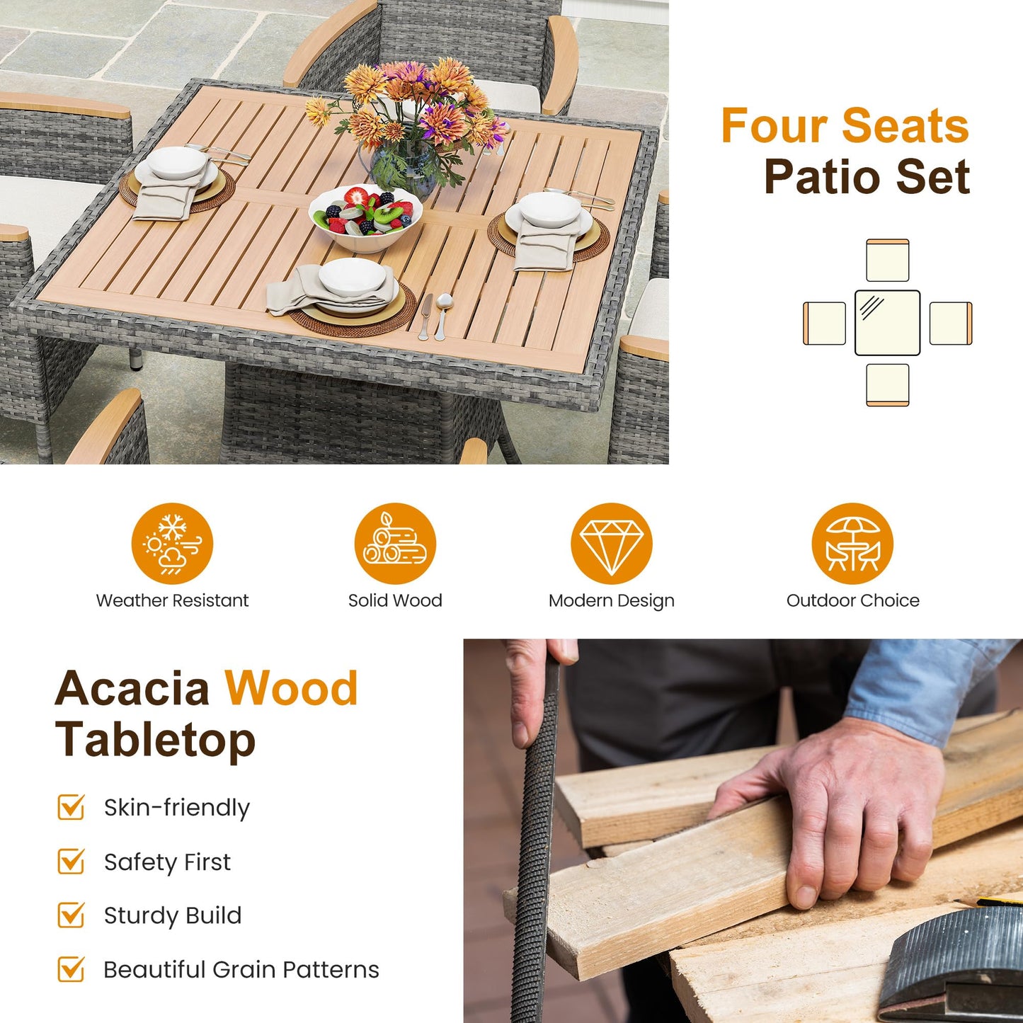 Wisteria Lane Patio Dining Sets for 4, All Weather Rattan Outdoor Table and Chairs with Acacia Wood Tabletop, Patio Dining Furniture with Removable Cushions for Deck Garden, Backyard, Gray - CookCave