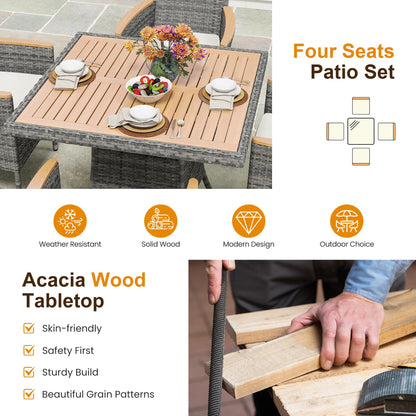 Wisteria Lane Patio Dining Sets for 4, All Weather Rattan Outdoor Table and Chairs with Acacia Wood Tabletop, Patio Dining Furniture with Removable Cushions for Deck Garden, Backyard, Gray - CookCave