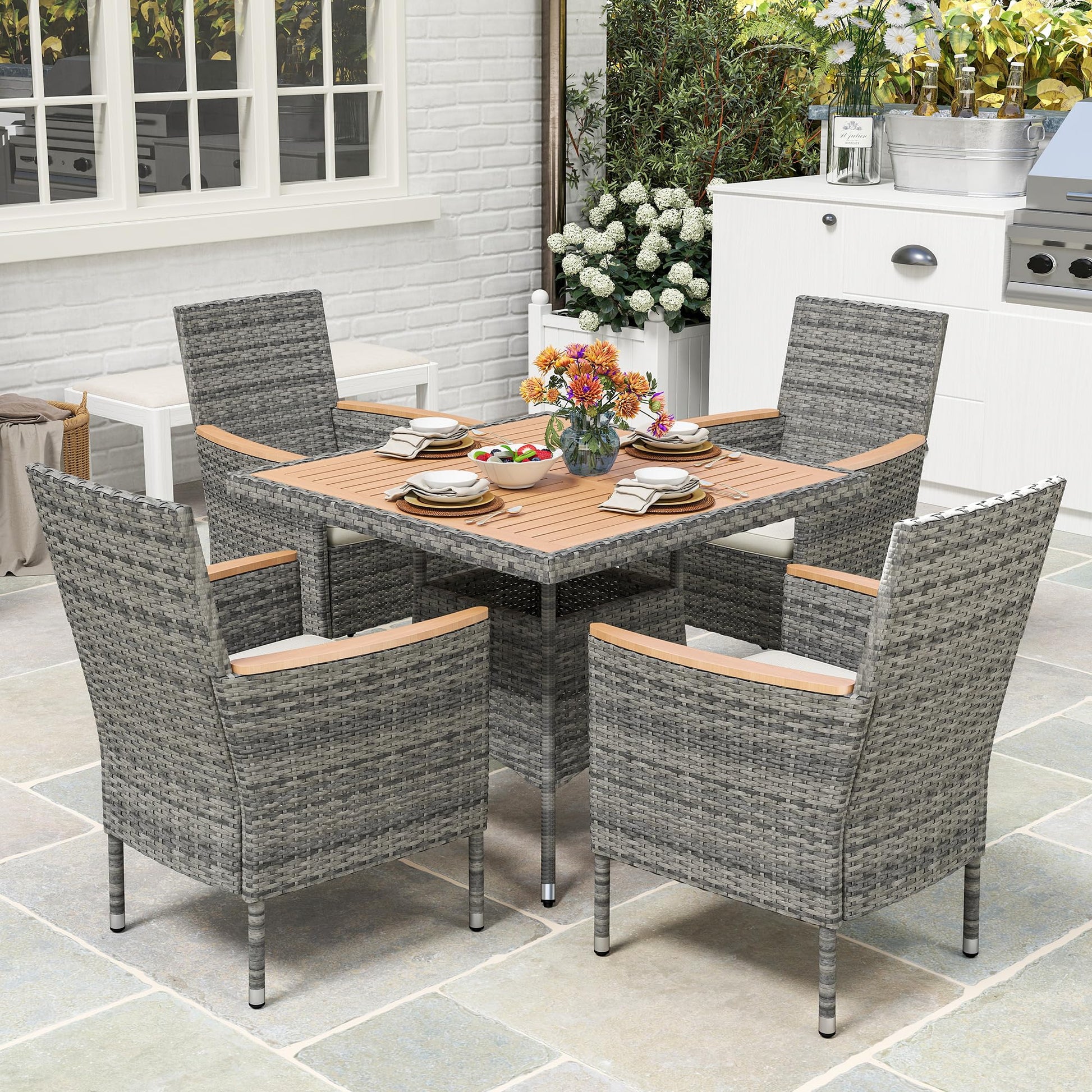 Wisteria Lane Patio Dining Sets for 4, All Weather Rattan Outdoor Table and Chairs with Acacia Wood Tabletop, Patio Dining Furniture with Removable Cushions for Deck Garden, Backyard, Gray - CookCave