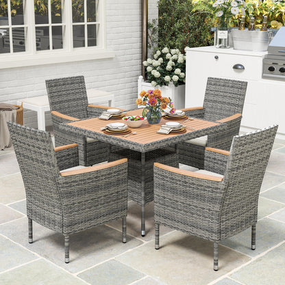 Wisteria Lane Patio Dining Sets for 4, All Weather Rattan Outdoor Table and Chairs with Acacia Wood Tabletop, Patio Dining Furniture with Removable Cushions for Deck Garden, Backyard, Gray - CookCave