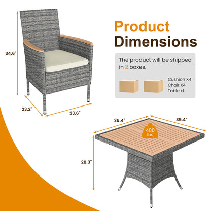 Wisteria Lane Patio Dining Sets for 4, All Weather Rattan Outdoor Table and Chairs with Acacia Wood Tabletop, Patio Dining Furniture with Removable Cushions for Deck Garden, Backyard, Gray - CookCave