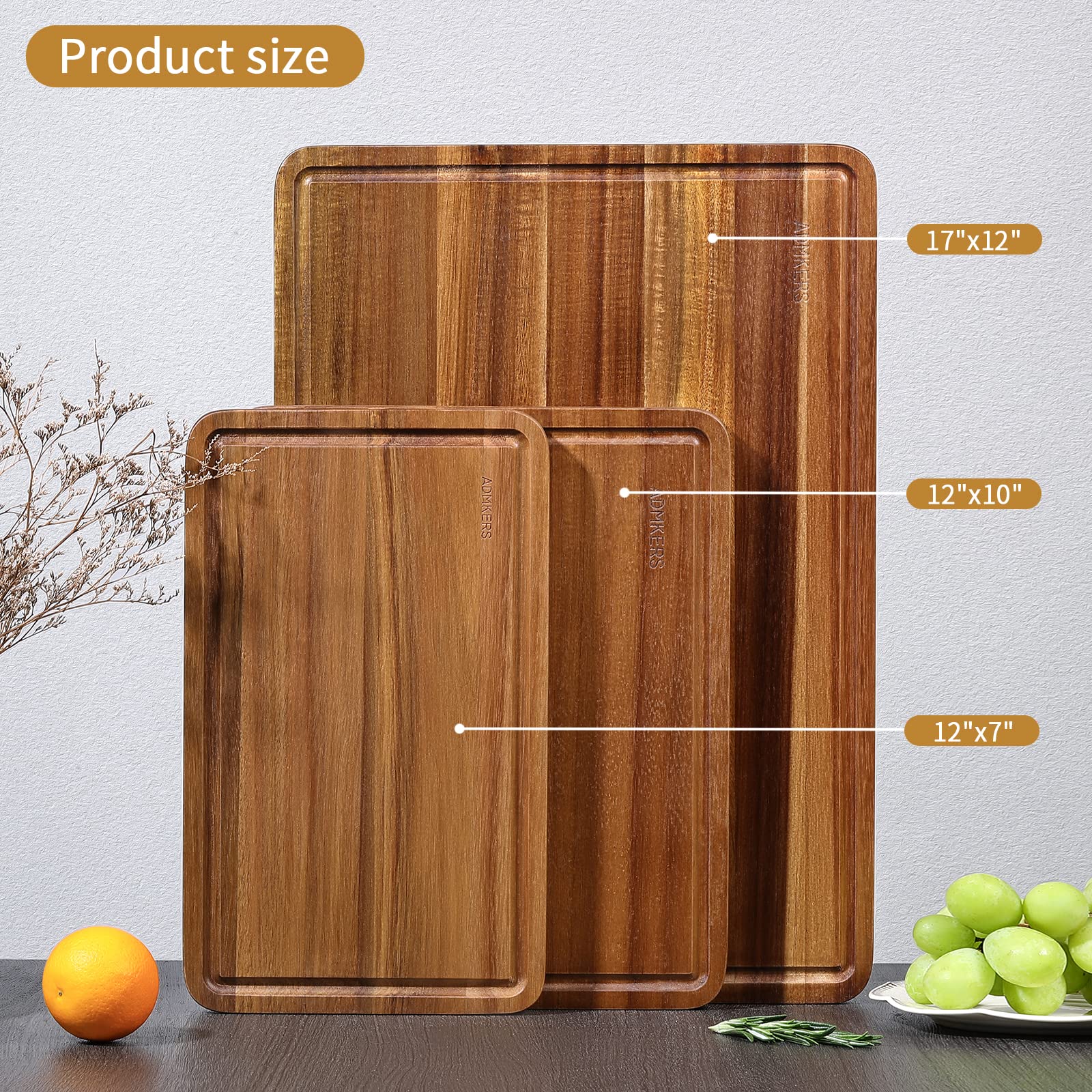 Wood Cutting Boards Set of 3 for Kitchen, Thick Chopping Board, Large Wooden Cutting Board Set with Deep Juice Groove and Handles, Wooden trays for meat, fruit and cheese (17x12, 12x10, 12x7 inch) - CookCave