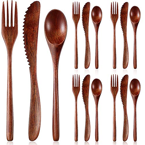 Wooden Cutlery Set For Dinner, Kitchen Flatware Tableware Utensil Set Includes Spoon, Fork, Knife (12 Pieces) - CookCave