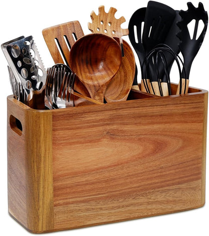 Wooden Kitchen Utensil Holder Organizer for Counter or Countertop, Large Wooden Utensil Holder for Storage Cooking and Silverware with 3 Compartment, Acacia Rustic Wood Container Extra Large - CookCave
