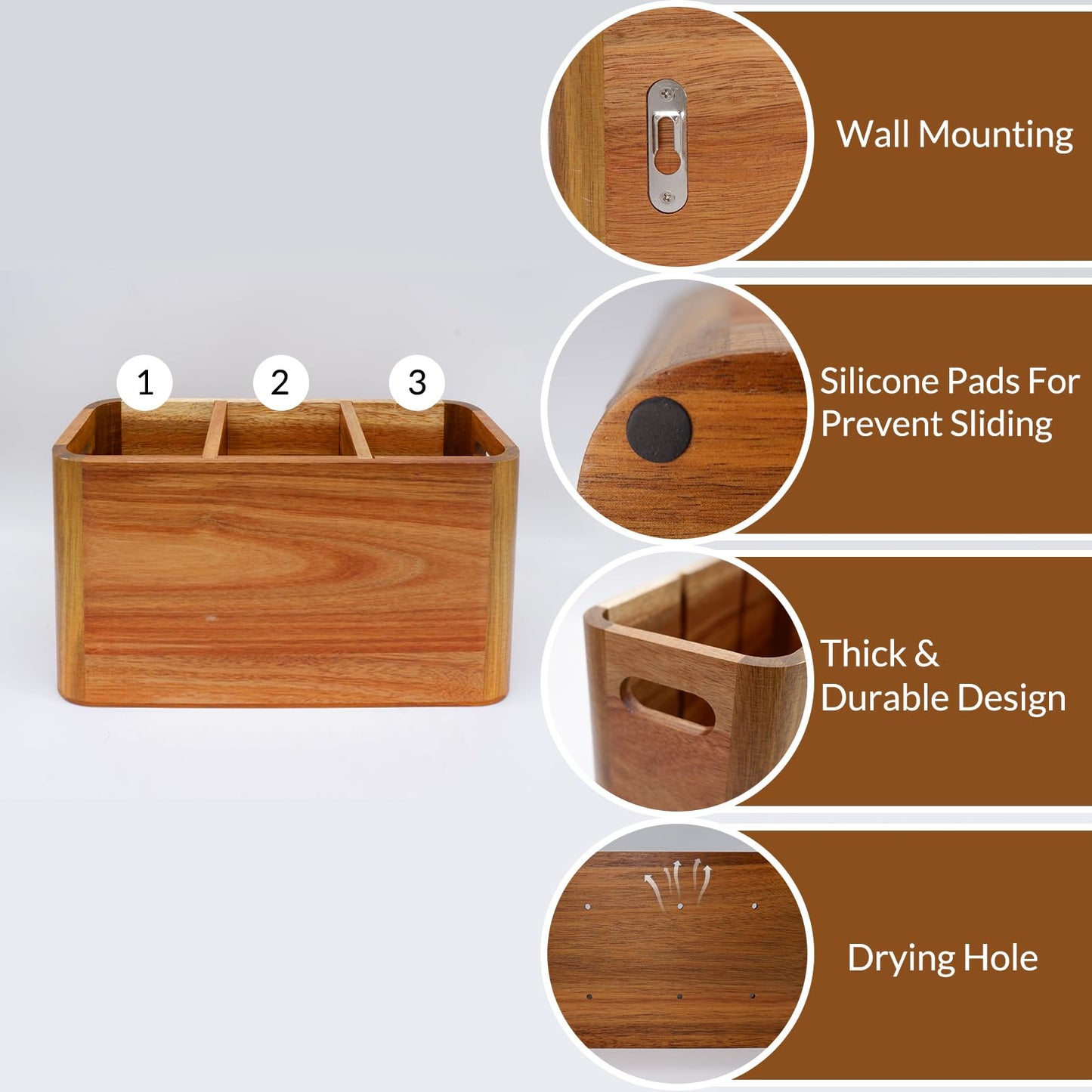 Wooden Kitchen Utensil Holder Organizer for Counter or Countertop, Large Wooden Utensil Holder for Storage Cooking and Silverware with 3 Compartment, Acacia Rustic Wood Container Extra Large - CookCave