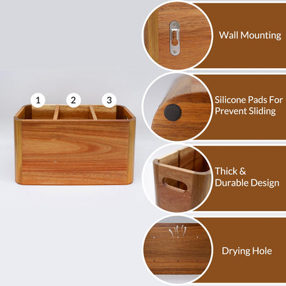 Wooden Kitchen Utensil Holder Organizer for Counter or Countertop, Large Wooden Utensil Holder for Storage Cooking and Silverware with 3 Compartment, Acacia Rustic Wood Container Extra Large - CookCave
