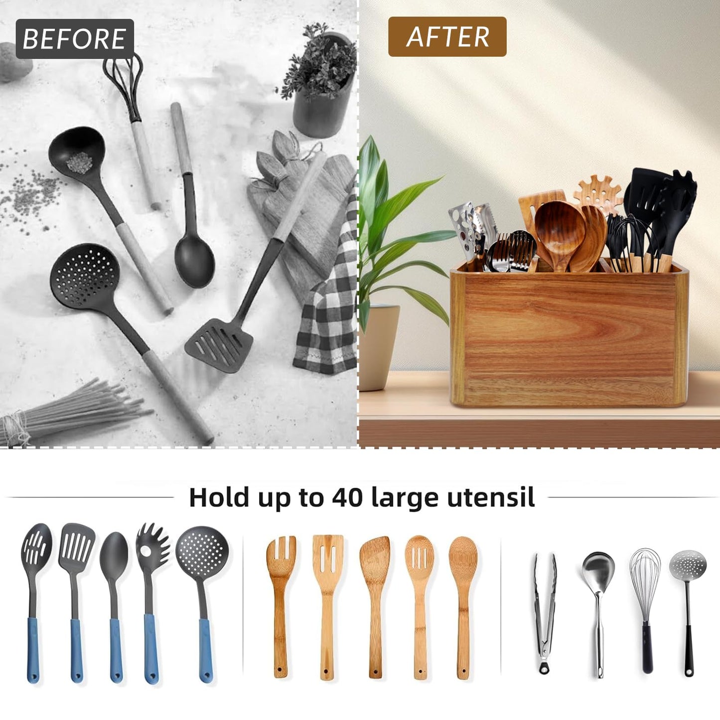 Wooden Kitchen Utensil Holder Organizer for Counter or Countertop, Large Wooden Utensil Holder for Storage Cooking and Silverware with 3 Compartment, Acacia Rustic Wood Container Extra Large - CookCave