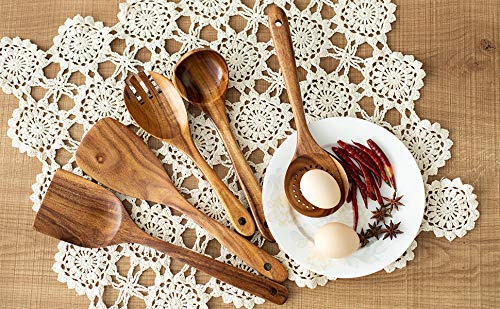 Wooden Kitchen Utensils Set, 5 PCs Natural Acacia Spurtle Set for Non-stick Pan Kitchen Tool Ladle and Wok Spatulas, Salad fork - CookCave