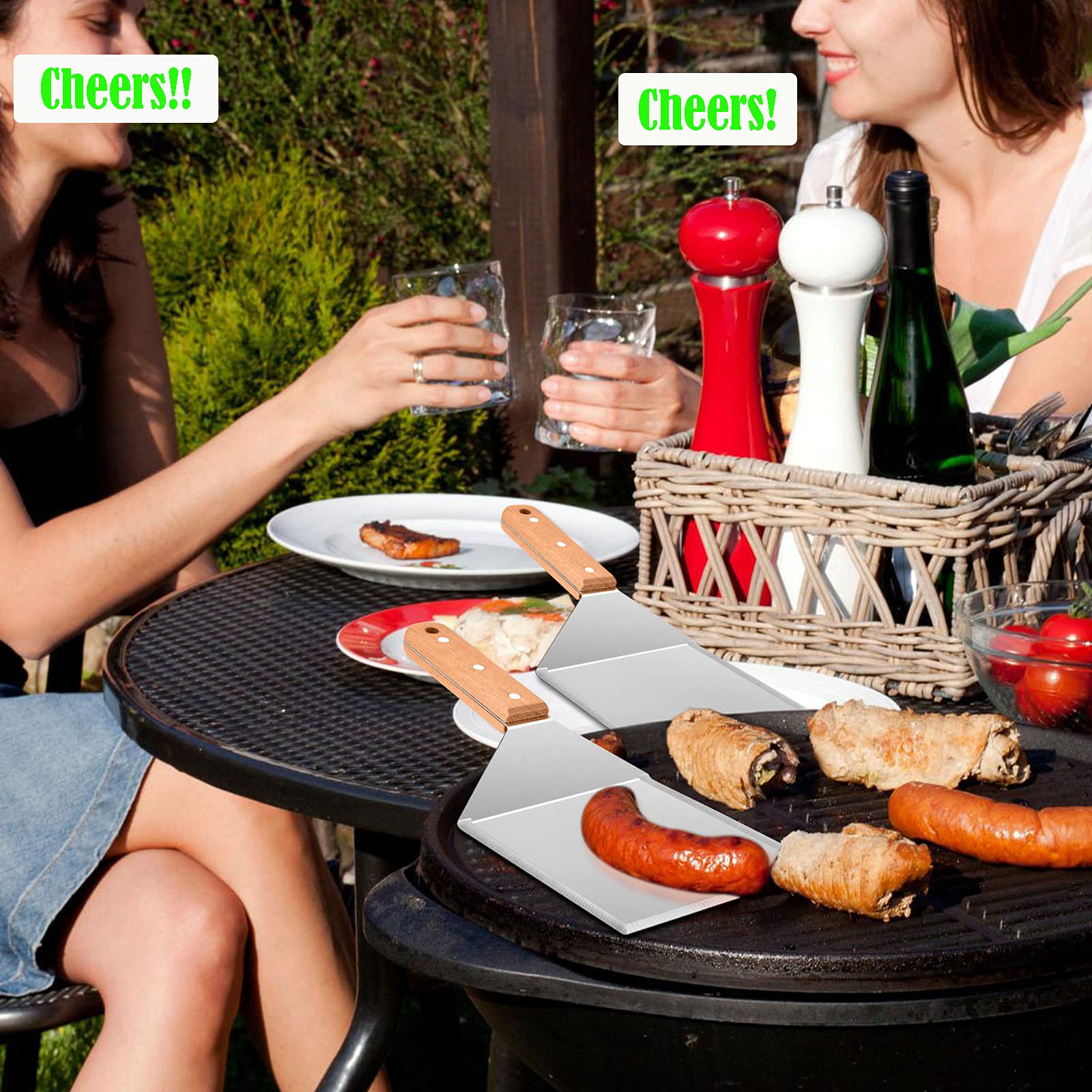 Wooden Metal Spatulas 2Pcs, HaSteeL Professional Griddle Spatula Tools Set, Hamburger Turner Pancake Flipper Perfect for Teppanyaki Flat Top BBQ Grilling Kitchen Cooking Indoor & Outdoor - 2 Hooks - CookCave