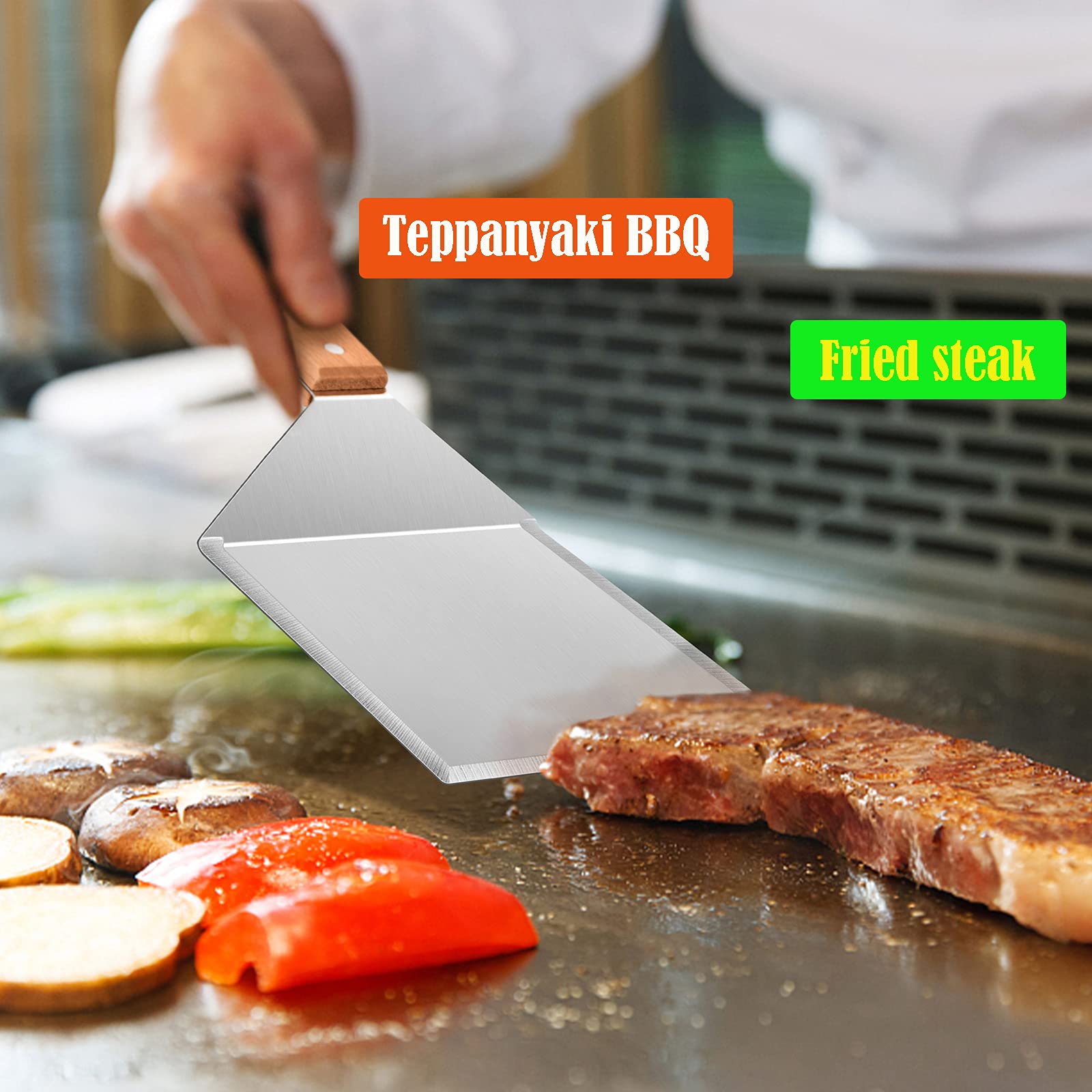 Wooden Metal Spatulas 2Pcs, HaSteeL Professional Griddle Spatula Tools Set, Hamburger Turner Pancake Flipper Perfect for Teppanyaki Flat Top BBQ Grilling Kitchen Cooking Indoor & Outdoor - 2 Hooks - CookCave