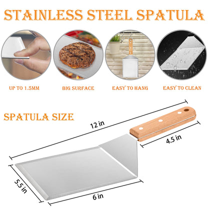 Wooden Metal Spatulas 2Pcs, HaSteeL Professional Griddle Spatula Tools Set, Hamburger Turner Pancake Flipper Perfect for Teppanyaki Flat Top BBQ Grilling Kitchen Cooking Indoor & Outdoor - 2 Hooks - CookCave