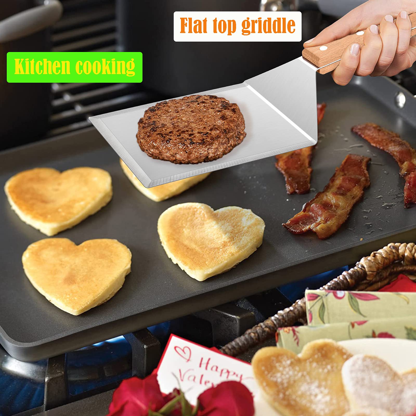 Wooden Metal Spatulas 2Pcs, HaSteeL Professional Griddle Spatula Tools Set, Hamburger Turner Pancake Flipper Perfect for Teppanyaki Flat Top BBQ Grilling Kitchen Cooking Indoor & Outdoor - 2 Hooks - CookCave