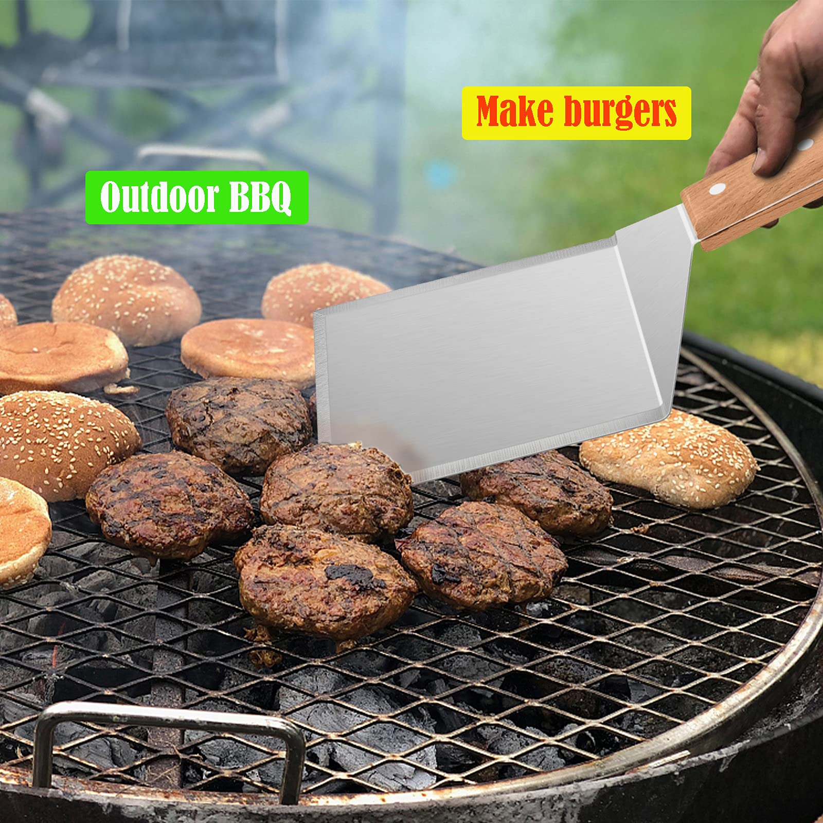 Wooden Metal Spatulas 2Pcs, HaSteeL Professional Griddle Spatula Tools Set, Hamburger Turner Pancake Flipper Perfect for Teppanyaki Flat Top BBQ Grilling Kitchen Cooking Indoor & Outdoor - 2 Hooks - CookCave