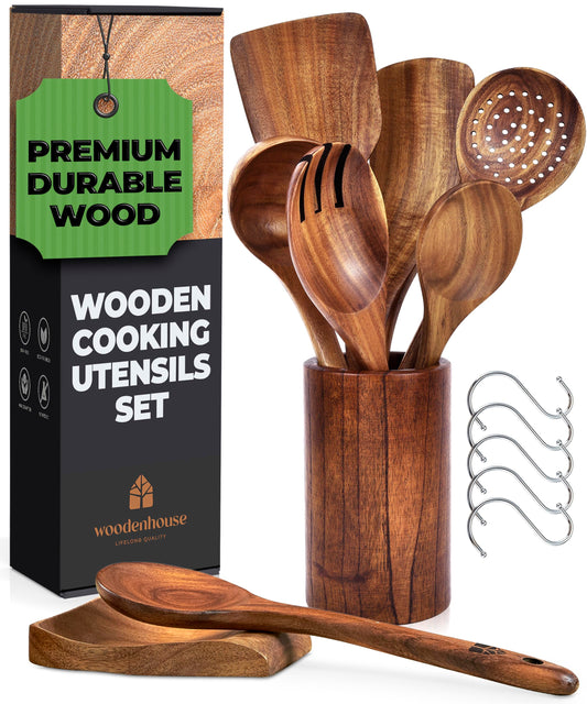 Wooden Spoons for Cooking, Wooden Cooking Utensils Set, Wooden Utensil Set with Holder, Spoon Rest & Hooks, Teak Wood Nonstick Kitchen Cookware – 8-piece set of wooden utensils with 6 metal hooks - CookCave