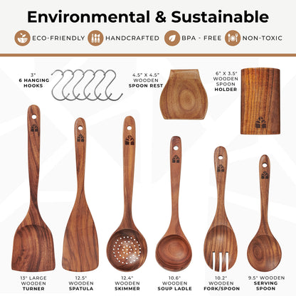 Wooden Spoons for Cooking, Wooden Cooking Utensils Set, Wooden Utensil Set with Holder, Spoon Rest & Hooks, Teak Wood Nonstick Kitchen Cookware – 8-piece set of wooden utensils with 6 metal hooks - CookCave