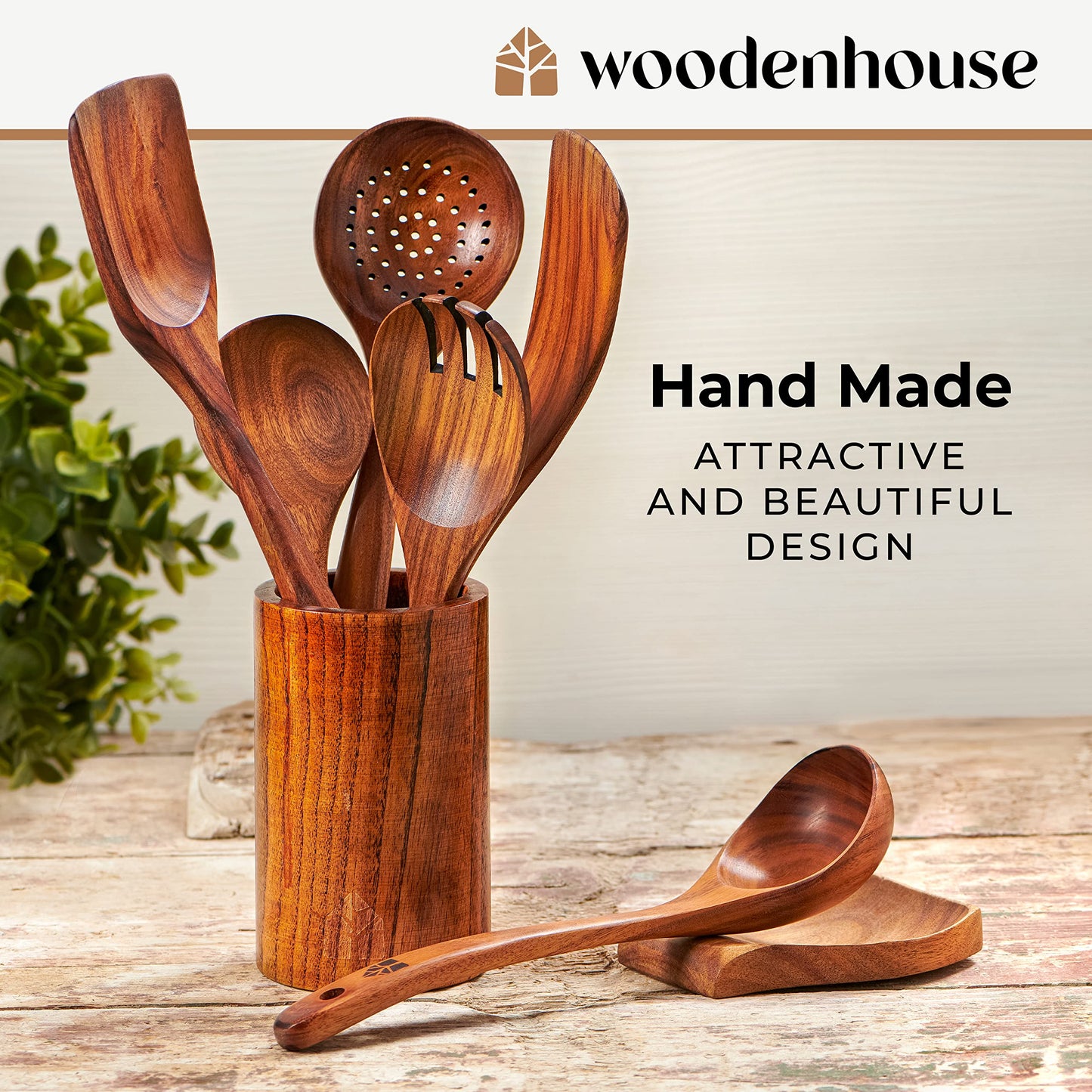 Wooden Spoons for Cooking, Wooden Cooking Utensils Set, Wooden Utensil Set with Holder, Spoon Rest & Hooks, Teak Wood Nonstick Kitchen Cookware – 8-piece set of wooden utensils with 6 metal hooks - CookCave